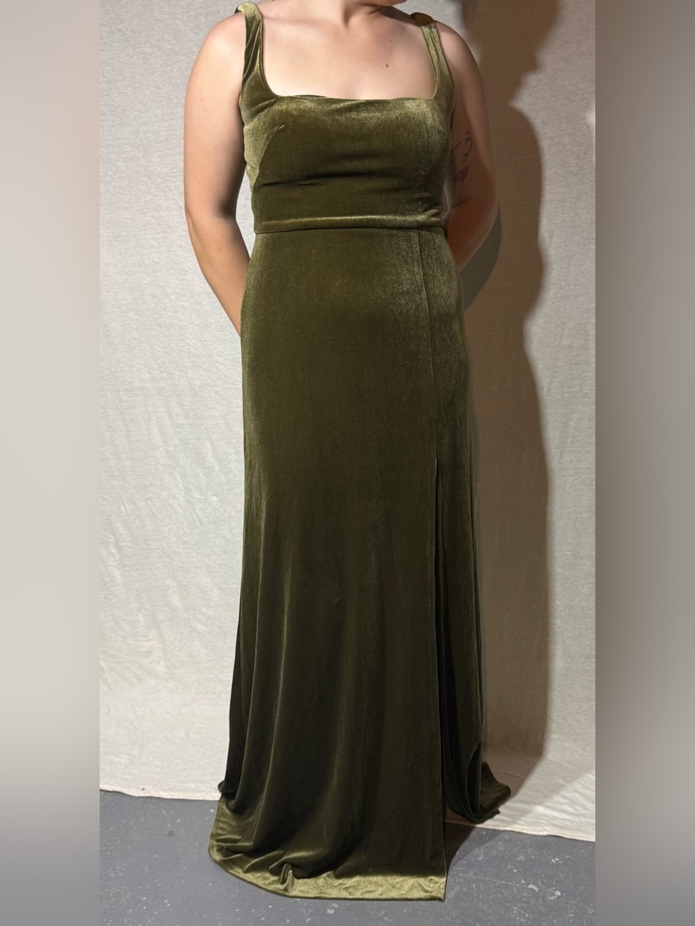 Jenny Yoo Mara Olive Green Velvet Maxi Dress